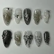 Yamobi Pack of 24 Black Press-on Nails Medium Almond Fake Nails with 3D Metal Bow Beads Design, Black Gradient, False Nails, Water Drops