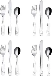 Exzact Children's Cutlery Stainless Steel 12pcs Set/Kids Cutlery Toddler - 4 x Forks, 4 x Safe Dinner Knives, 4 x Table Spoons - Engraved Design (Dinosaur x 12)