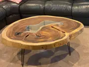 Coffee Table, Round wood large 112 cm across 91cm width and 9 cm thick, glass inlay feature