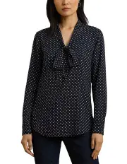 [Lauren Ralph Lauren] Polka-Dot Georgette Tie-Neck Blouse in Blue