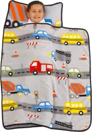 Grey, Red, Yellow & Blue Construction Toddler Nap Mat with Pillow & Blanket Grey