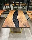 Custom Epoxy Resin Black Dining Table – Solid Walnut Wood Live Edge Table – Hand