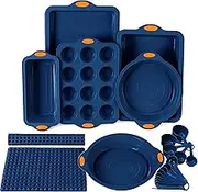 To encounter 8 in 1 Silicone Baking Set - 6 Silicone Molds - 2 Silicone Baking Mat, Nonstick Cookie Sheet, Cake Muffin Bread Pan with Metal Reinforced Frame More Strength, Navy Blue