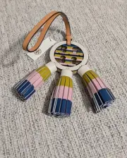 NWT Tory Burch Miller Multi Tassel Key Fob Pink Blue Striped Leather Logo Charm