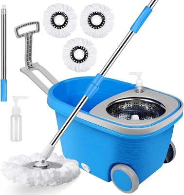 360° Spin Mop and Bucket with Wringer Set on Wheels with 3 Microfiber Mop Heads