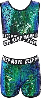 [Jhaoyu] Girls 2 Pieces Dance Outfits Sequins Letter Print Crop Top With Shorts Tracksuit Set Jazz Hip Hop Dancewear