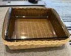 Pyrex Amber 8X8" Casserole Baking Dish with Rattan Basket #222