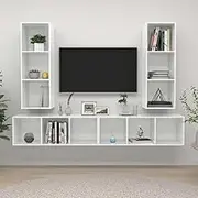 Wall Mounted TV Stands Set, Modern Living Room Entertainment Center, White High Gloss Shelves Cabinets, Media Storage Furniture, Bedroom Table, 4 pcs
