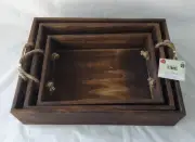 Lara's Crafts Barn Wood Nested 3 Trays w/ Jute Handles New