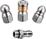 PWACCS Sewer Jetter Nozzle for Pressure Washer - Stainless Steel Drain Cleaning Tips, 3 Pieces: Button Nose Jet, Rotating Flat Jetting, and Drain Jet Hose - 5000 PSI