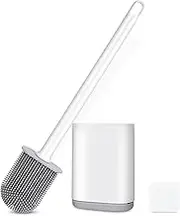 Silicone Toilet Brush Set, Soft Flat Toilet Bowl Brush with Holder, Flexible Head, Silicone Bristles, Wall Mounting Leak Proof Base, White (White)