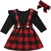 [Cecobora] Toddler Baby Girl Infant Plain T Shirts Plaid Overall Skirt Set Cotton Outfits