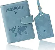 [MIMIROOM] Passport Cover Luggage Tag Set, Leather Passport Holder & Luggage Labels Passport Case for Bank Cards, Credit Cards, Passports, Travel Documents, Wallet Organiser with RFID Shield (Blue