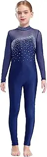 [Linjinx] Kids Girls Long Sleeve Rhinestone Gymnastics Leotard Unitard Full Body One Piece Figure Ice Skating Jumpsuit Bodysuit