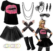 [RonFoxi] Upgraded 80s Outfit Costume for Women,80s Party Costume Accessory Sets with T-Shirt Tutu Skirt Waist Pack etc