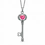 Lab-Created Pink Sapphire and Diamond Key Pendant in Sterling Silver