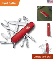 Huntsman Swiss Army Knife - 15 Functions, Swiss Made, Compact Red Pocket Tool