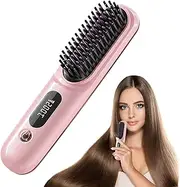 Cordless Hair Straightener Brush Portable Mini Hair Straightener Comb, Dual Voltage Travel Straightening Brush with 3 Temp-Settings, Ultra-Lightweight & Travel-Ready, Pink