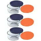 Pyrex (3) 7200 2-Cup Glass Bowls with (3) 7200-PC Dark Blue & (3) Orange Lids