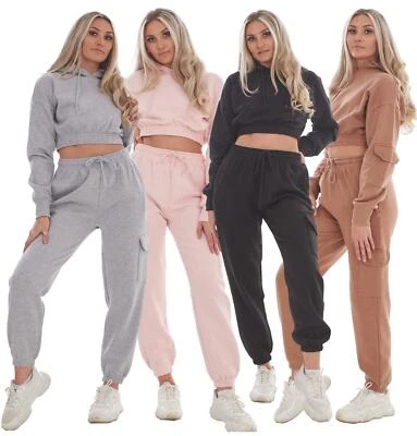 Ladies 2 Piece Tracksuit Set Crop Hoodie & Joggers Loungewear Co-ord Outfit
