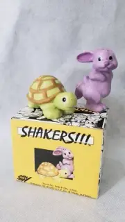 Tortoise and Hare Fable Salt Pepper Shakers Vtg Porcelain Retro Albert T Price
