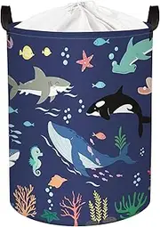 Clastyle Fish Sea Turtle Baby Basket Ocean Coral Seaweed Starfish Toy Book Shelf Basket Waterproof Pool Toy Beach Towel Storage Bin Large Dirty Clothes Laundry Hamper, Whales, 45L