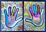 Psychedelic Handprints! Original Drawing Set, Oil Pastel & Ink & Pencil Abstract