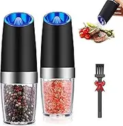 XZXYM Gravity Salt and Pepper Grinder Set of 2, Automatic Pepper Grinder Mill Electric, with Blue LED Light, Battery-Powered Adjustable Coarseness Ceramic Electric Grinder, One-Handed Operation