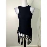 Topshop Women's Macrame Fringe Style Black Tank Top XS NWT