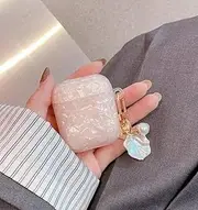 for Cute Airpods 2nd/1st Gen Case Pink Girl Wome with Cleaner Kit, Glitter Shell Pattern Airpods 2/1 Protective Cover Skin with Luxury Pearl Shell Keychain for Airpods 2nd/1st Generation, Pink