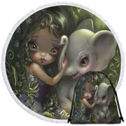 Cute Art Big Eyed Maiden with Elephant Friend Round Beach Towel