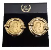 Vintage M. V. Vellano Collector's Design Gold Tone Coin Clip On Earrings NOS