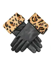 [Dents] Lined Leather Gloves with Ponyskin Leopard Print Cuffs in Black