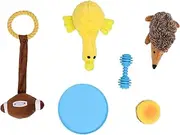 6 Pcs Dog Chew Set, Bite Plush Interactive Toys, includes Yellow Duck, Hedgehog, Dumbbell, Burger, Drawstring, Flying Disc, Ideal for Teething Puppies