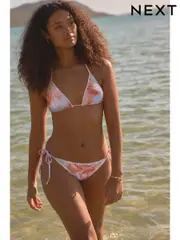 Coral Pink Floral Whipstitch Tie Side Bikini Bottom (E24169) | $17