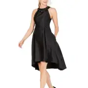 Adrianna Papell Mikado Fit & Flare Black Dress Size 2 NWT Beaded Hi Low Pockets