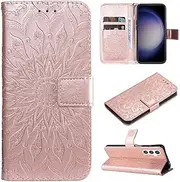 [SATURCASE] Case for Samsung Galaxy S23 FE, Sun Flower Embossing PU Leather Flip Magnet Wallet Stand Card Slots Protective Cover with Hand Strap for Samsung Galaxy S23 FE (TY-Rose Gold)