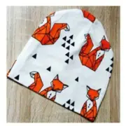 Kids Beanie- Light Weight Material- White with Orange Fox Images