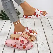 Women's Strawberry Print Slide Sandals, Cute Summer Indoor Outdoor Slippers, Anti-Slip Open Toe House Shoes for Beach and Casual Wear