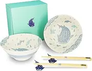 Whale Shark Donburi set, Microwave-Safe Bowl and Chic Chopstick, Whale Shark Chopstick Rest, Pair Set in Sea-Inspired Gift Box, For Ramen, Bowls, Rice Bowls, Soup Bowls.