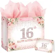 Sweet 16Th Happy Birthday Gift Bag with Tissue Paper and Card for Girls Kids Bir