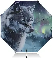 [PDZRMY] Wolf Moon Aurora UV Protection Travel Umbrella Compact for Rain and Sun - Auto Open and Close UPF 50+ Windproof Portable 46” Sun Umbrella for Women and Men