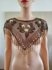 Gold Beads & Sequins Drape Collar on Black Mesh. NWT