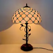 Tiffany Lamp Vintage Grey White Stained Glass Blue Bead Table Lamp Desk Bedside