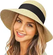 [Generic] Womens Beach Sun Straw Hat Wide Brim UPF 50 Summer Hat Foldable Roll up Travel Sun Hat Beige and Black