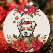 Merry Xmas Welsh Corgi Dog Ornament Flower Wreath Christmas Gift Decor Hanging
