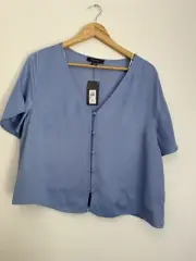 Ladies Primark Size 16 Satin Blue T-shirt Top Button Front New With Tags