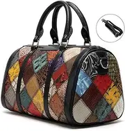 [FFYUYI] Modern Ethnic Style Handmade Shoulder Bag, Colorful Geometric Patterns Large-Capacity Tote, Women Work Travel Pure Leather Zipper Crossbody Bag