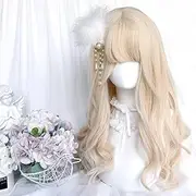 SCORRO Platinum Blonde Long Wavy Wig Hair Curly Cute Lolita Wig Light Golden Full Headband Women's Wig for Daily Wear, Cosplay, Party etc.(Platinum)