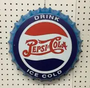Pepsi Tin Bottle Cap Sign. 13 3/4”diameter X 1 3/4” Wide.